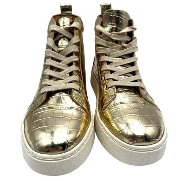 STEVE MADDEN Men 7 Women 9 Shiny Metallic Gold High Top Sneaker Boots Promoter-C - Picture 3 of 7